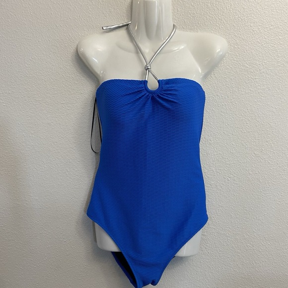 GOTTEX ‎ Cobalt Blue Harbourside 1 Pc Textured Halter Bandeau Swimsuit Sz 10 NEW - Picture 1 of 10